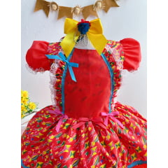 Vestido Infantil Junino Caipira Vermelho Flores Coloridas