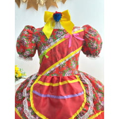 Vestido Infantil Junino Caipira Vermelho Florzinhas Coloridas