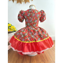 Vestido Infantil Junino Caipira Vermelho Florzinhas Coloridas
