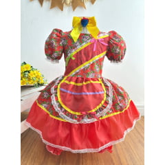 Vestido Infantil Junino Caipira Vermelho Florzinhas Coloridas