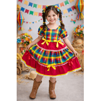 Vestido Infantil Junino Caipira Vermelho Xadrez Colorido Laços