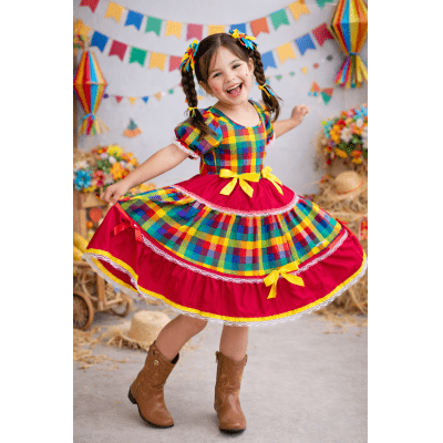Vestido Infantil Junino Caipira Vermelho Xadrez Colorido Laços