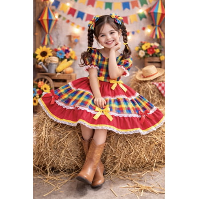 Vestido Infantil Junino Caipira Vermelho Xadrez Colorido Laços