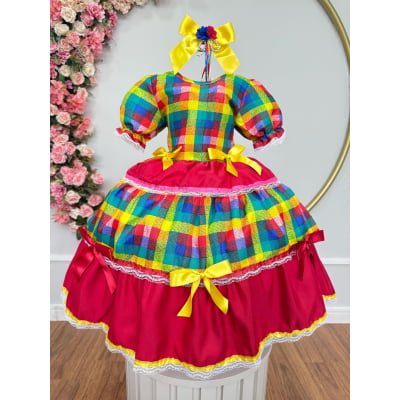 Vestido Infantil Junino Caipira Vermelho Xadrez Colorido Laços
