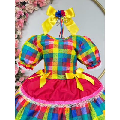 Vestido Infantil Junino Caipira Vermelho Xadrez Colorido Laços