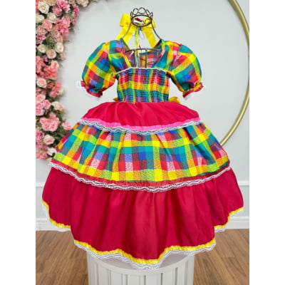 Vestido Infantil Junino Caipira Vermelho Xadrez Colorido Laços
