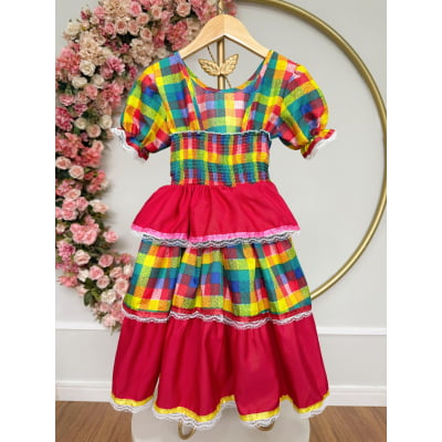 Vestido Infantil Junino Caipira Vermelho Xadrez Colorido Laços