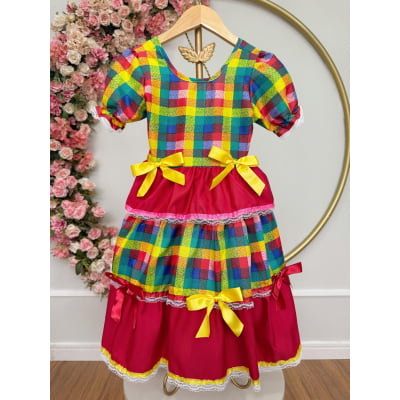 Vestido Infantil Junino Caipira Vermelho Xadrez Colorido Laços