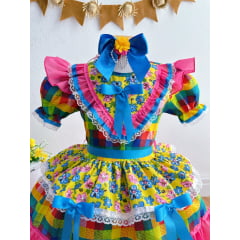 Vestido Infantil Junino Caipira Xadrez Colorido Estampado