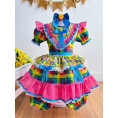 Vestido Infantil Junino Caipira Xadrez Colorido Estampado