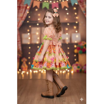 Vestido Infantil Junino Caipira Xadrez Laranja Flores Coloridas