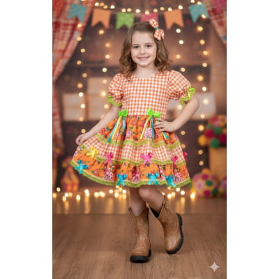 Vestido Infantil Junino Caipira Xadrez Laranja Flores Coloridas Vestido Infantil Junino Caipira Xadrez Laranja Flores Coloridas
