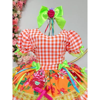 Vestido Infantil Junino Caipira Xadrez Laranja Flores Coloridas