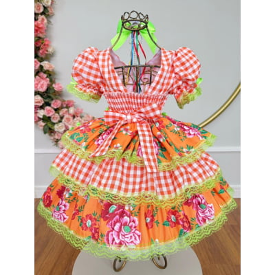 Vestido Infantil Junino Caipira Xadrez Laranja Flores Coloridas