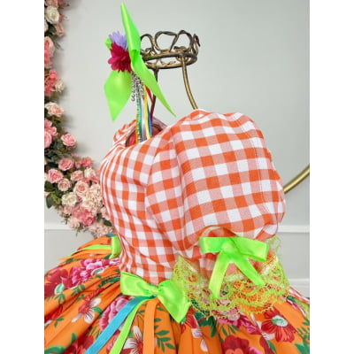 Vestido Infantil Junino Caipira Xadrez Laranja Flores Coloridas