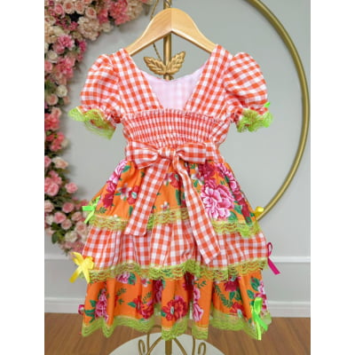 Vestido Infantil Junino Caipira Xadrez Laranja Flores Coloridas