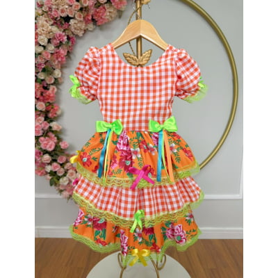 Vestido Infantil Junino Caipira Xadrez Laranja Flores Coloridas