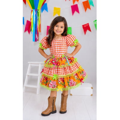 Vestido Infantil Junino Caipira Xadrez Laranja Flores Coloridas Vestido Infantil Junino Caipira Xadrez Laranja Flores Coloridas