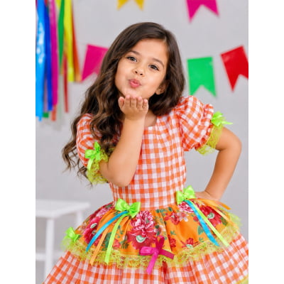 Vestido Infantil Junino Caipira Xadrez Laranja Flores Coloridas