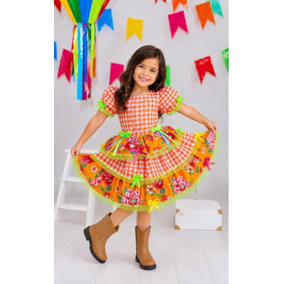 Vestido Infantil Junino Caipira Xadrez Laranja Flores Coloridas