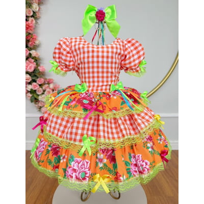 Vestido Infantil Junino Caipira Xadrez Laranja Flores Coloridas