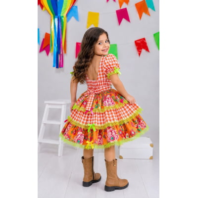 Vestido Infantil Junino Caipira Xadrez Laranja Flores Coloridas
