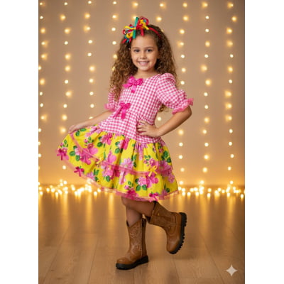 Vestido Infantil Junino Caipira Xadrez Rosa e Amarelo Florido Vestido Infantil Junino Caipira Xadrez Rosa e Amarelo Florido