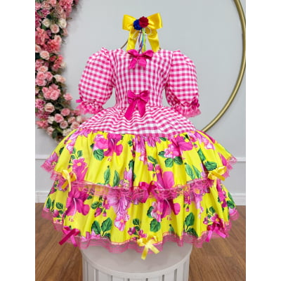 Vestido Infantil Junino Caipira Xadrez Rosa e Amarelo Florido