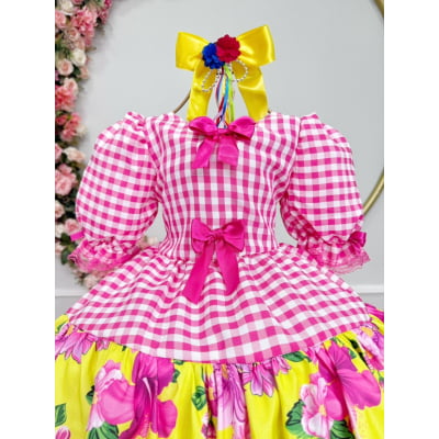 Vestido Infantil Junino Caipira Xadrez Rosa e Amarelo Florido