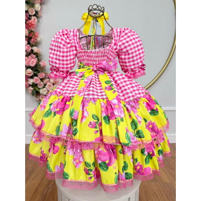 Vestido Infantil Junino Caipira Xadrez Rosa e Amarelo Florido