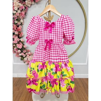 Vestido Infantil Junino Caipira Xadrez Rosa e Amarelo Florido