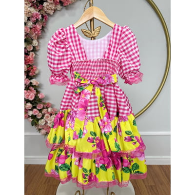 Vestido Infantil Junino Caipira Xadrez Rosa e Amarelo Florido