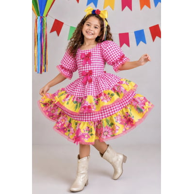 Vestido Infantil Junino Caipira Xadrez Rosa e Amarelo Florido Vestido Infantil Junino Caipira Xadrez Rosa e Amarelo Florido