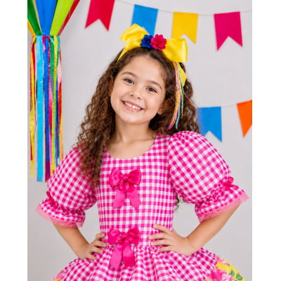 Vestido Infantil Junino Caipira Xadrez Rosa e Amarelo Florido