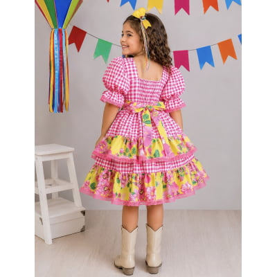 Vestido Infantil Junino Caipira Xadrez Rosa e Amarelo Florido