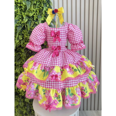 Vestido Infantil Junino Caipira Xadrez Rosa e Amarelo Florido