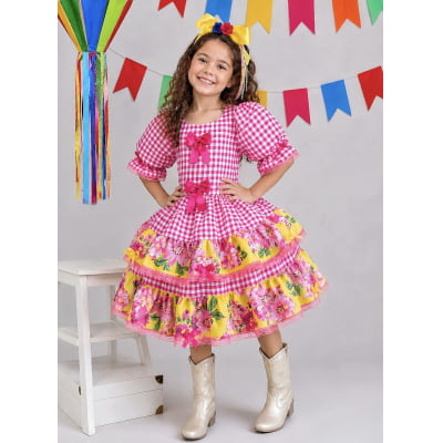 Vestido Infantil Junino Caipira Xadrez Rosa e Amarelo Florido