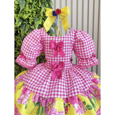 Vestido Infantil Junino Caipira Xadrez Rosa e Amarelo Florido