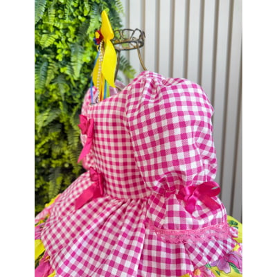 Vestido Infantil Junino Caipira Xadrez Rosa e Amarelo Florido
