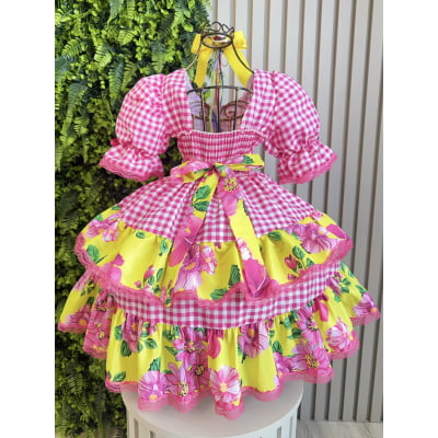 Vestido Infantil Junino Caipira Xadrez Rosa e Amarelo Florido