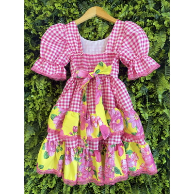Vestido Infantil Junino Caipira Xadrez Rosa e Amarelo Florido