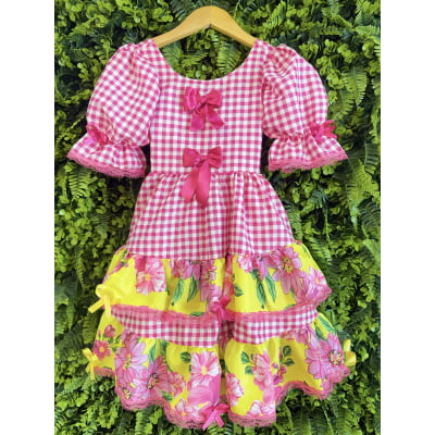Vestido Infantil Junino Caipira Xadrez Rosa e Amarelo Florido