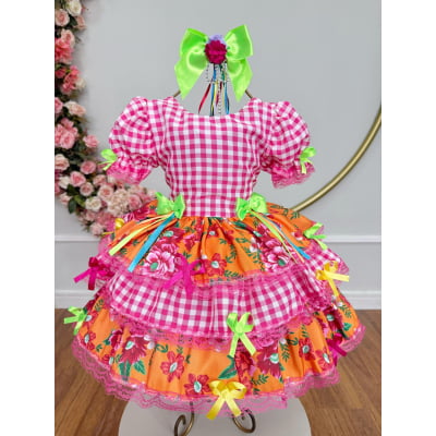 Vestido Infantil Junino Caipira Xadrez Rosa Flores Coloridas
