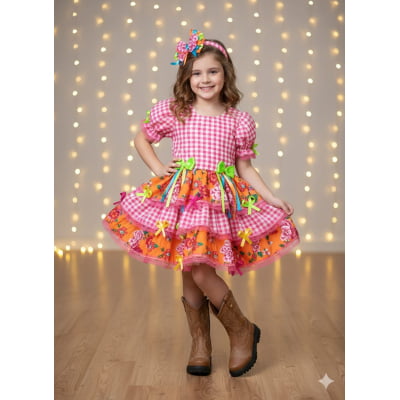 Vestido Infantil Junino Caipira Xadrez Rosa Flores Coloridas Vestido Infantil Junino Caipira Xadrez Rosa Flores Coloridas