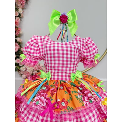 Vestido Infantil Junino Caipira Xadrez Rosa Flores Coloridas