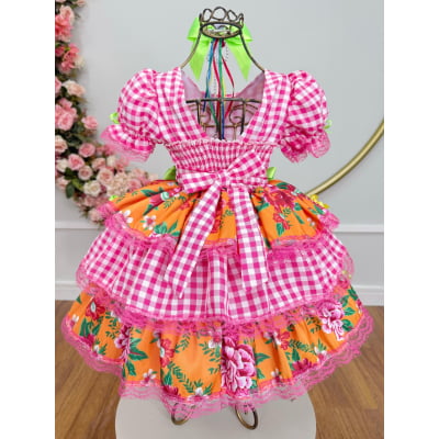 Vestido Infantil Junino Caipira Xadrez Rosa Flores Coloridas