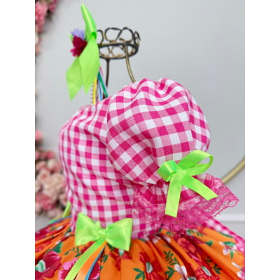 Vestido Infantil Junino Caipira Xadrez Rosa Flores Coloridas