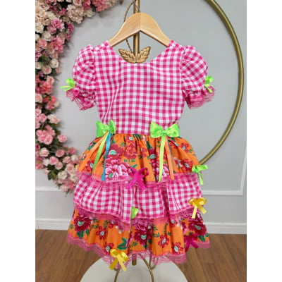 Vestido Infantil Junino Caipira Xadrez Rosa Flores Coloridas