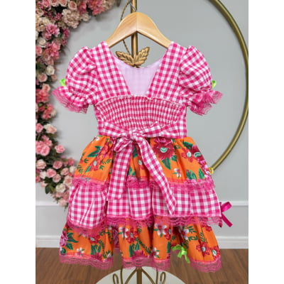 Vestido Infantil Junino Caipira Xadrez Rosa Flores Coloridas