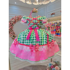 Vestido Infantil Junino Caipira Xadrez Verde e Branco Luxo